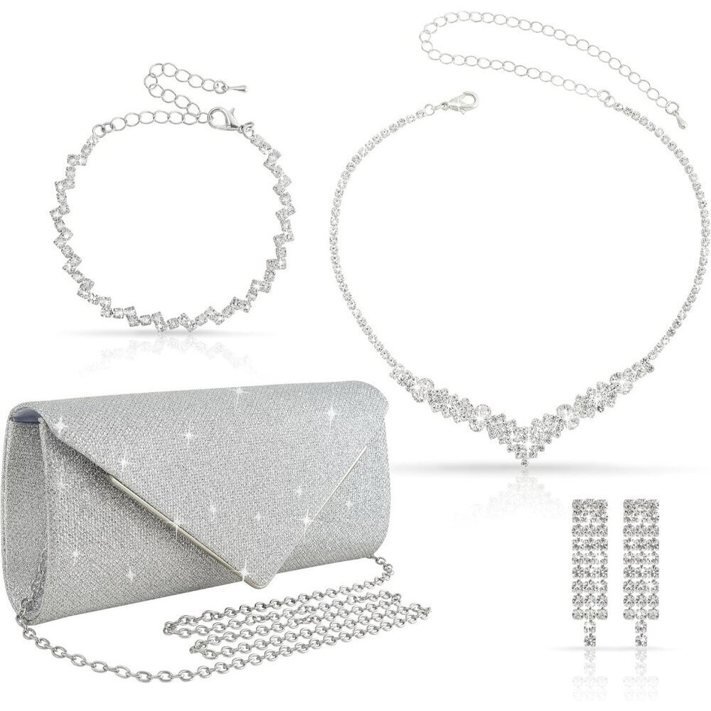 Silver Clutch Bag Jewelry Set Rhinestones Evening Purse Wedding Gift